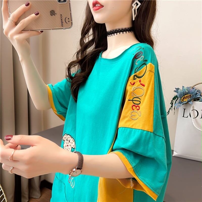 韓国風漫画刺繍ワッペン半袖Tシャツ<S-2991>