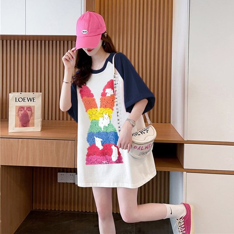 美人度アップ Tシャツ 可愛いウサギ 丸襟 半袖＜S-2824＞
