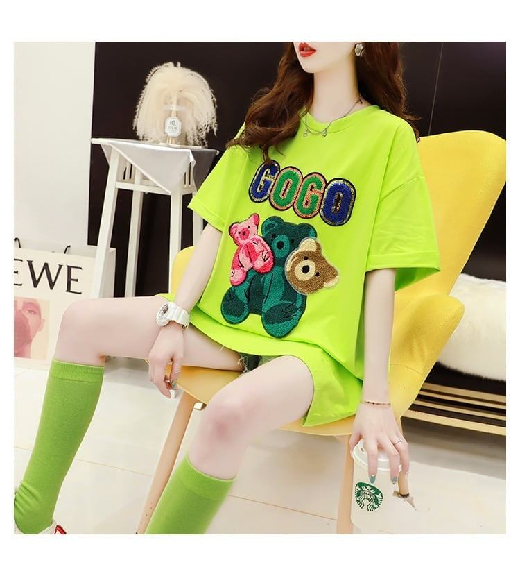 重工業スパンコール外国風おしゃれ植毛刺繍クマ半袖Tシャツ<S-2911>