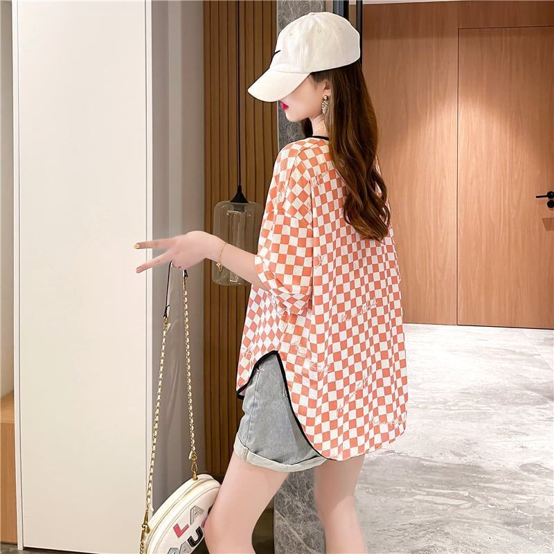 好感度満載 ラウンドネック 女性力を高める チェック柄 Tシャツ カットソー＜S-2985＞