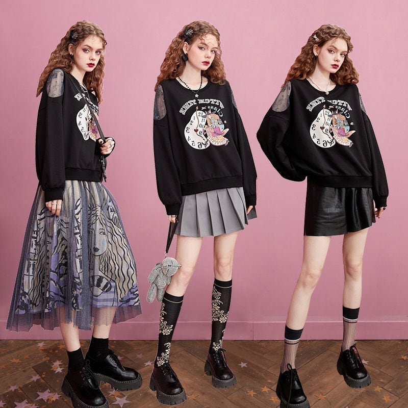 ファッショングラフィックプリントブラックスウェット長袖Ｔシャツ<S-4281>