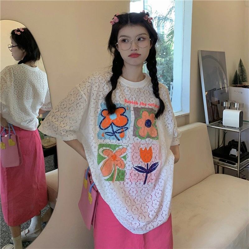 新作 プリント 透かし彫り ゆったり 半袖 Ｔシャツ <S-8089>