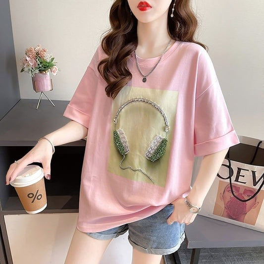 着心地良い Tシャツ ビジュー 四色 ゆったり半袖＜S-2994＞