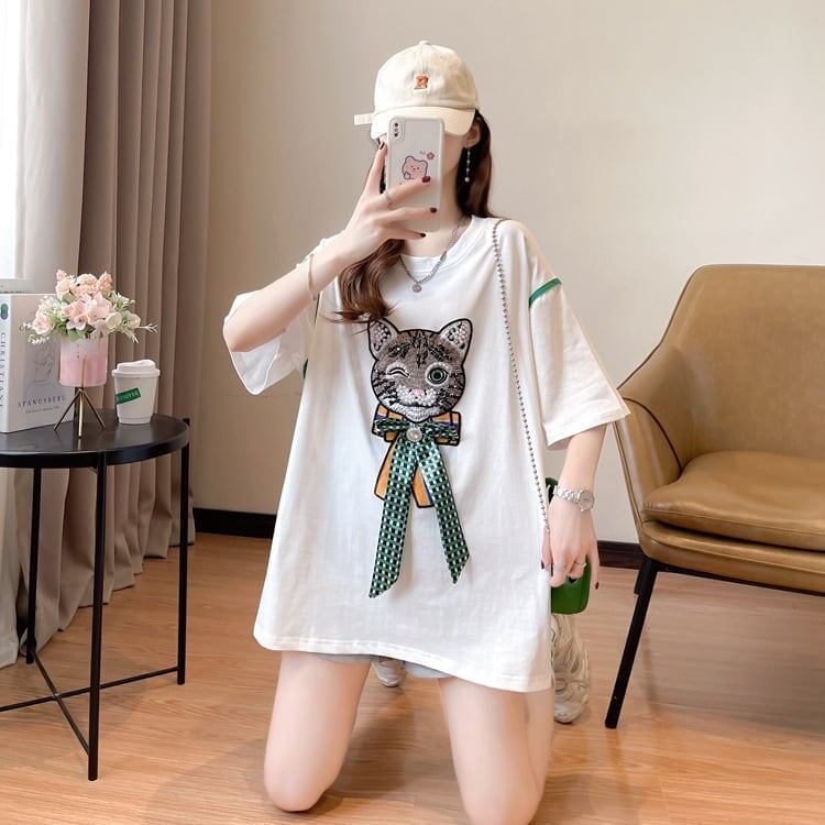 質感のいい 猫刺繍 立体のリボン ロング Tシャツ ゆったり半袖 ＜S-2919＞