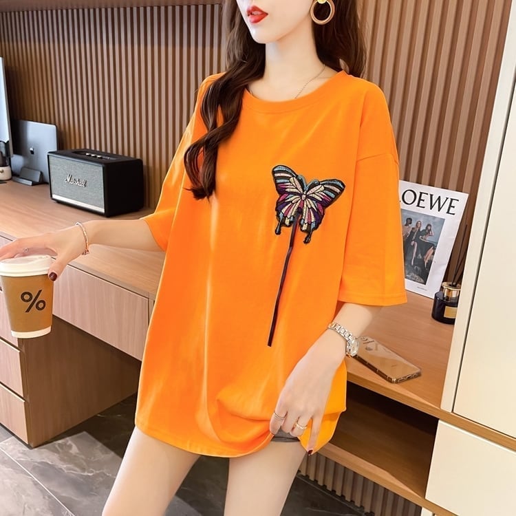最新デザインセンス刺繍純綿ルーズ半袖Tシャツ<S-2949>