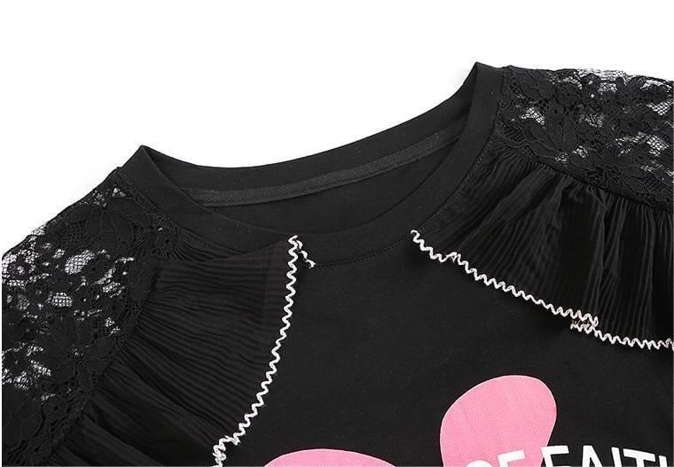 レースステッチアイスシルクニットルーズラビットプリント半袖Tシャツ<S-5038>