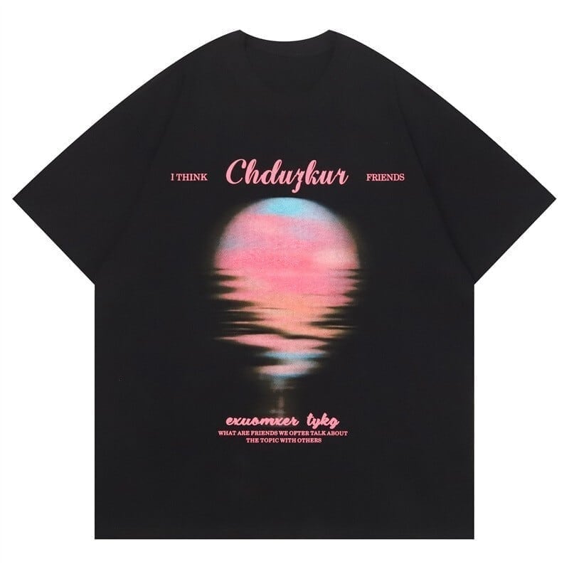 夏新作 プリントTシャツ 夕日 黒 ゆったり半袖＜S-2959＞