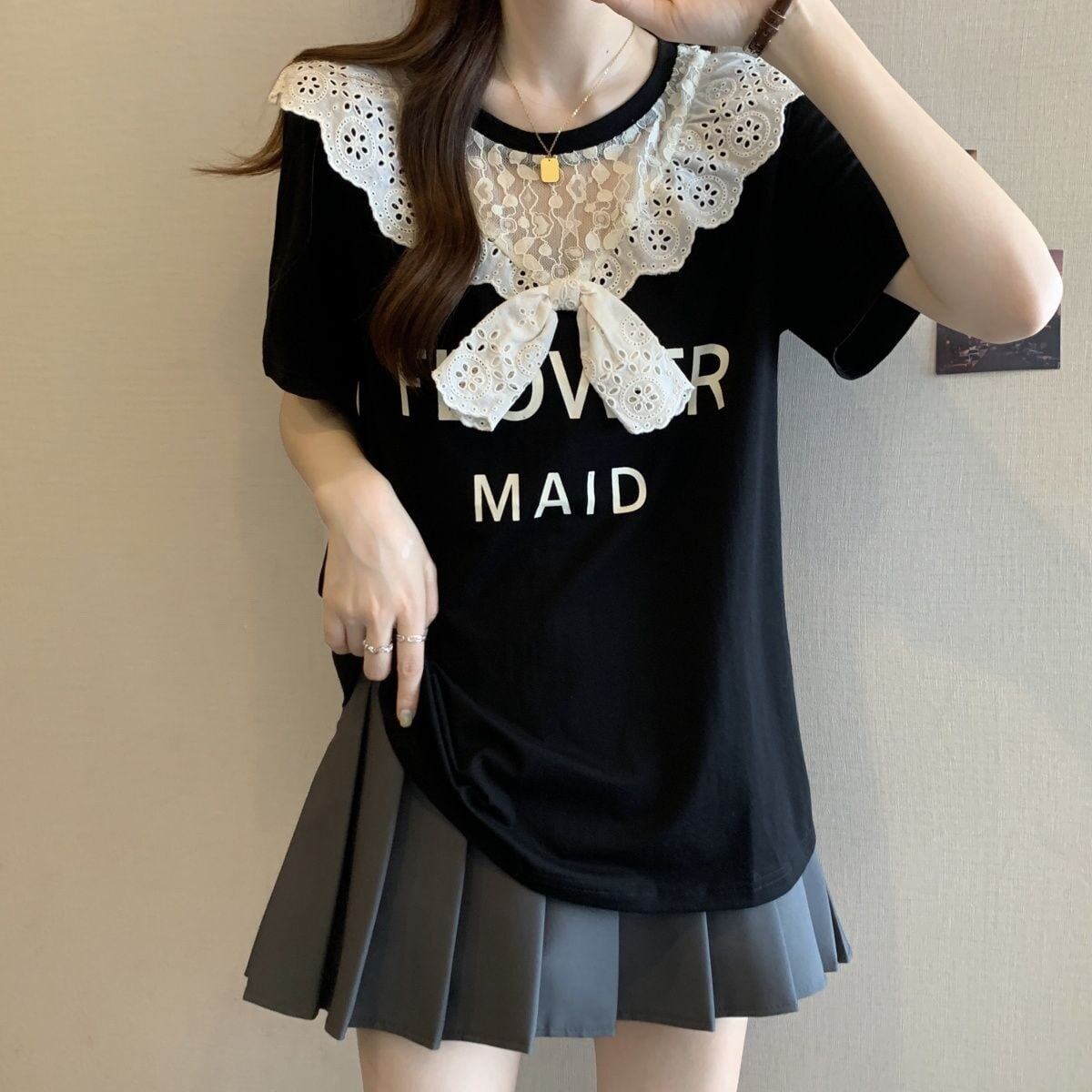 超人気 レース スウィート 切り替え プリント 3色選択 半袖Tシャツ＜S-8825＞