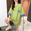 韓国系 ドロップショルダープリント ラウンドネック ロング Tシャツ 三色 ゆったり半袖＜S-3011＞