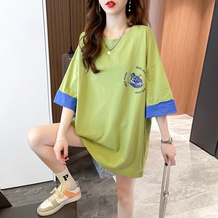韓国系 ドロップショルダープリント ラウンドネック ロング Tシャツ 三色 ゆったり半袖＜S-3011＞