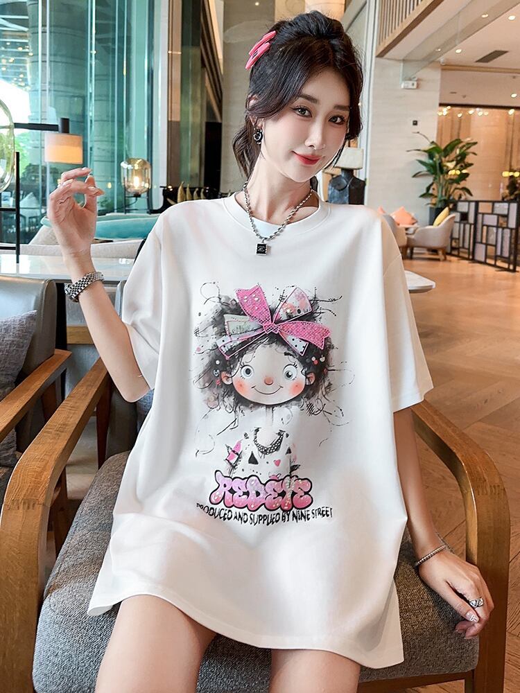 好感度UP ピンク カジュアル プリント スパンコール プリント ゆったり 半袖 Tシャツ＜S-8705＞
