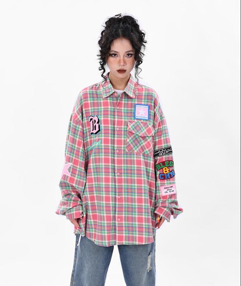 新商品 アバンギャルド 大活躍 カジュアル 刺繍 チェック柄 全2色 男女兼用 シャツ ＜S-9167＞