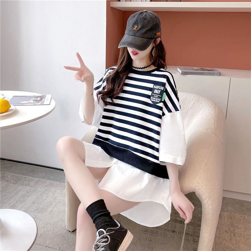 期間限定 レイヤード風 カジュアル ストライプ柄 ゆったり 半袖 Tシャツ＜S-8702＞
