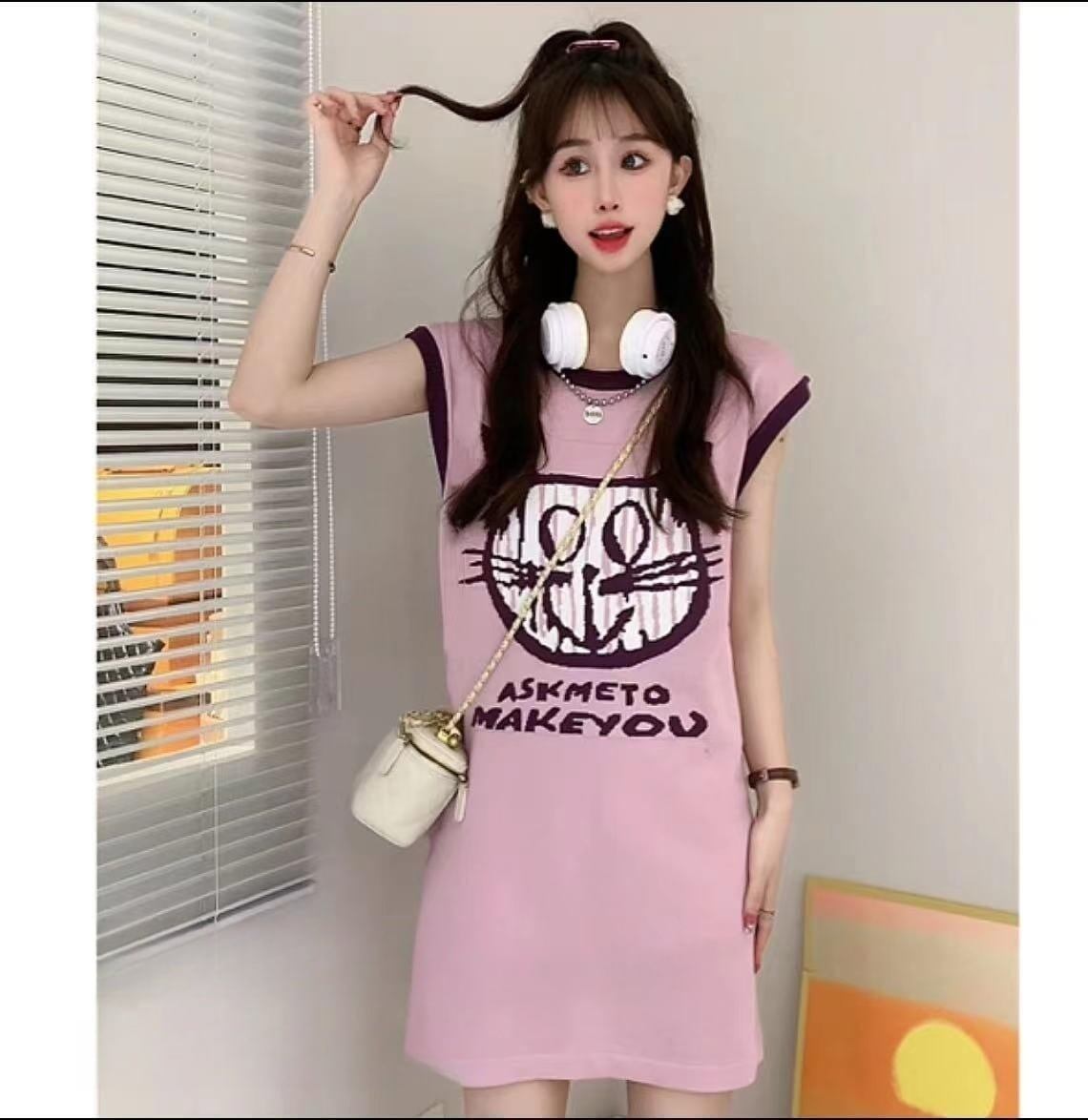 好感度100％ プリント 可愛い猫柄 ロング Tシャツ ゆったり半袖 ＜S-2867＞