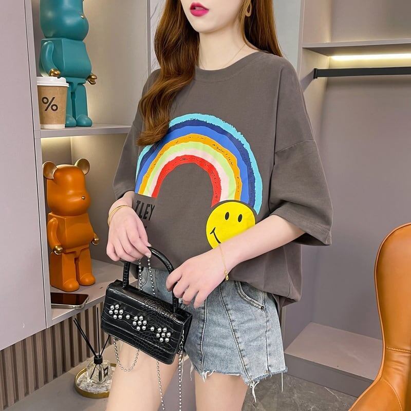 レインボースマイリーファッションオールマッチルーズ半袖Tシャツ<S-2860>