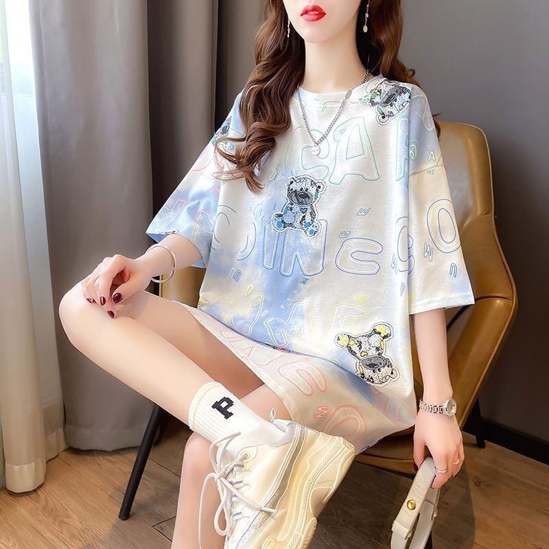 大好評 絞り染め クマ柄 ロング Tシャツ ゆったり半袖 ＜S-3990＞