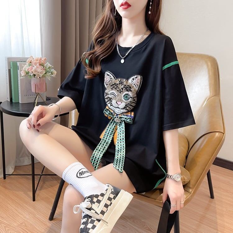 質感のいい 猫刺繍 立体のリボン ロング Tシャツ ゆったり半袖 ＜S-2919＞