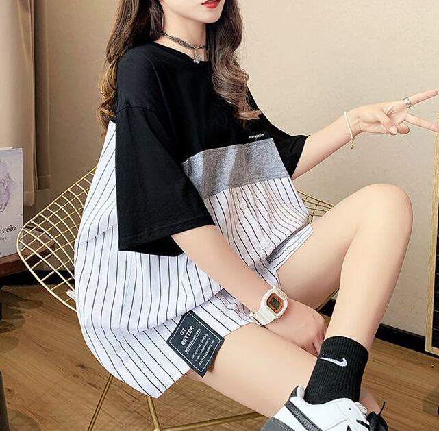 超人気 切り替え ストライプ柄 ラウンドネック プリント全2色 半袖Tシャツ<S-8741>
