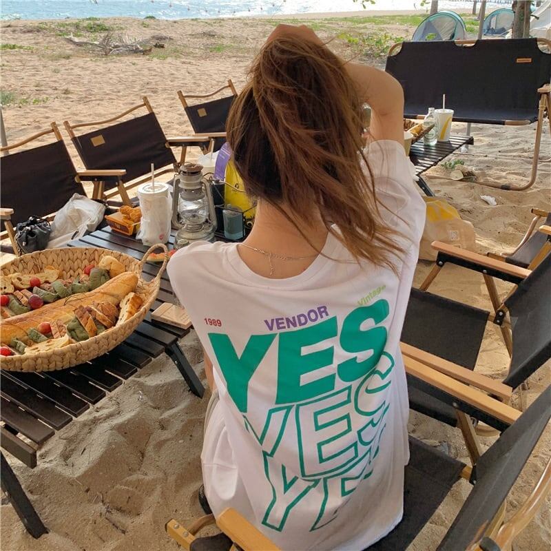着心地良い プリント アルファベット ロング Tシャツ ゆったり半袖 ＜S-2851＞