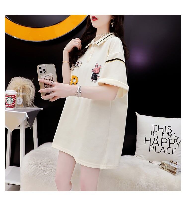 韓国系 ロング POLOネック Tシャツ 四色 ゆったり半袖 ＜S-2869＞
