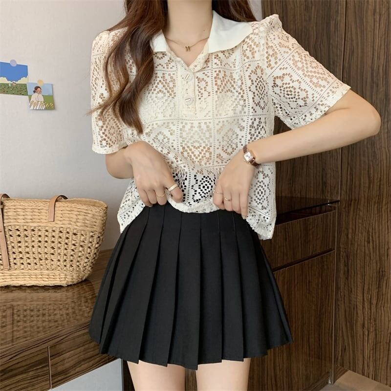 ファッション 透かし彫り 美人度アップ POLOネック Tシャツ カットソー＜S-3234＞