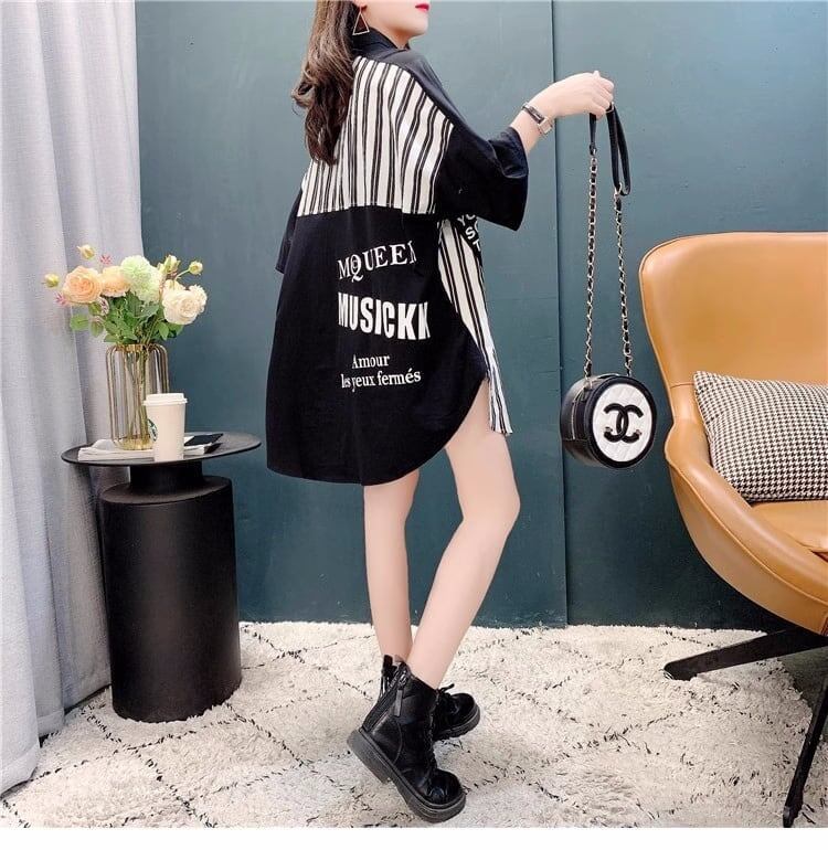 ストライプ柄 カラーマッチング POLOネック ロング Tシャツ ゆったり 5分袖＜S-2938＞