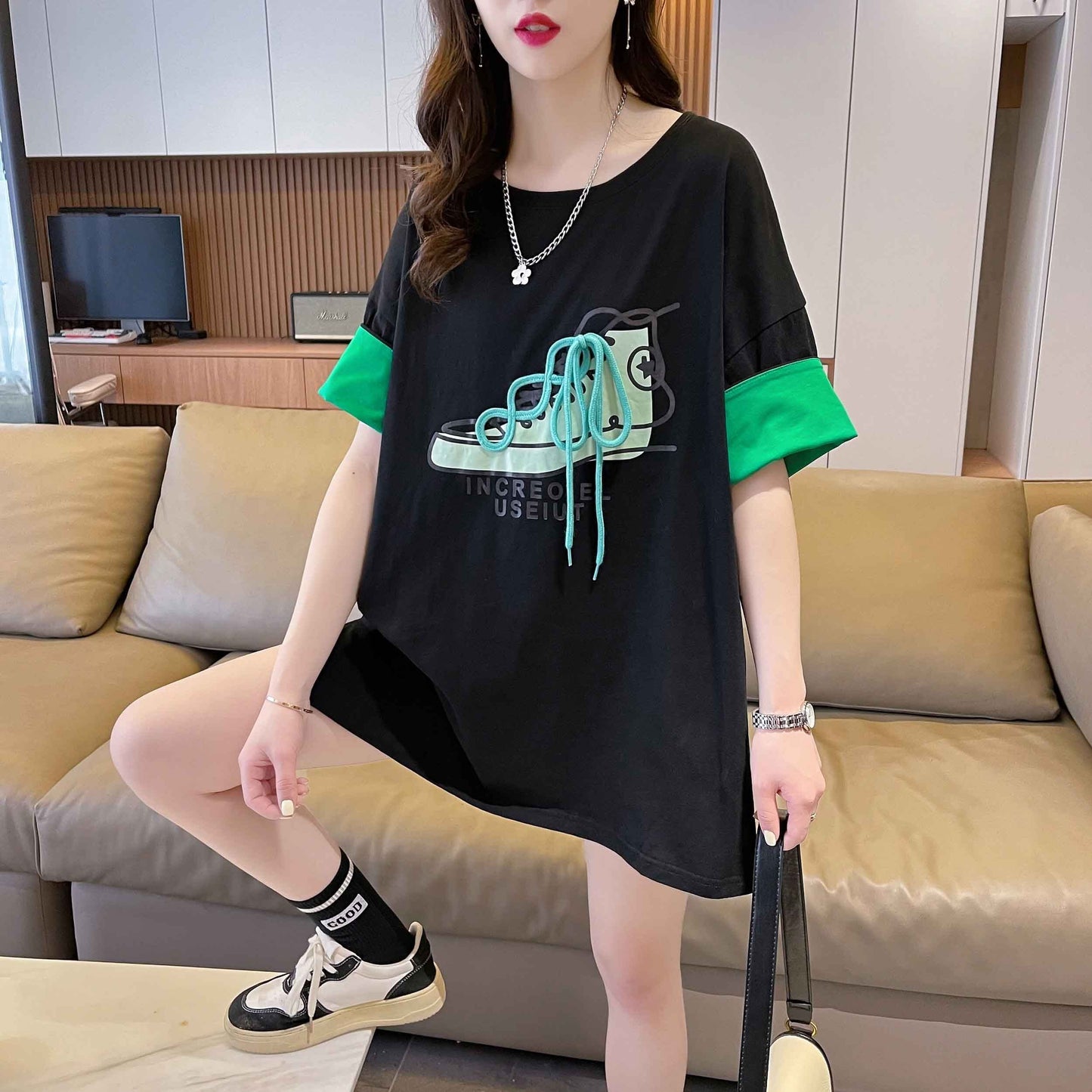 韓国系 プリント ラウンドネック ロング Tシャツ ゆったり半袖 ＜S-2988＞