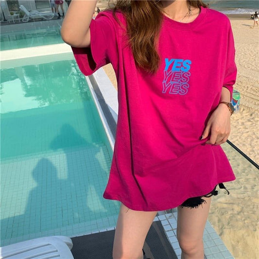 着心地良い プリント アルファベット ロング Tシャツ ゆったり半袖 ＜S-2851＞