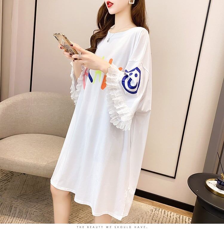 夏新作 アルファベット オーバーサイズ フリル プリントTシャツ 三色 ゆったり半袖＜S-3009＞