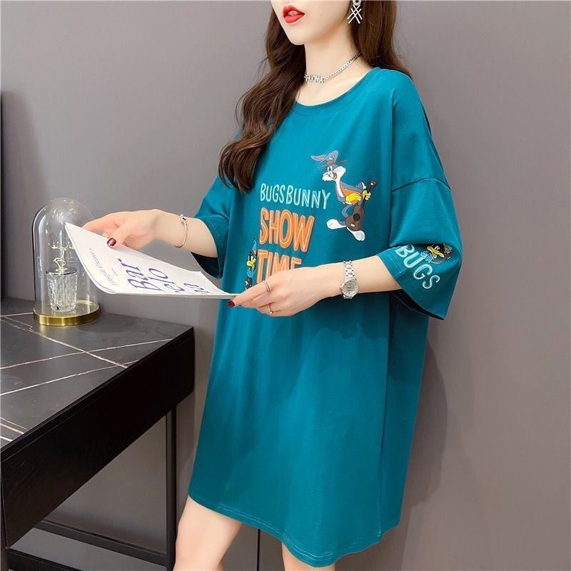 おすすめ アルファベット ラウンドネック プリントTシャツ ゆったり ワンピース＜S-3049＞