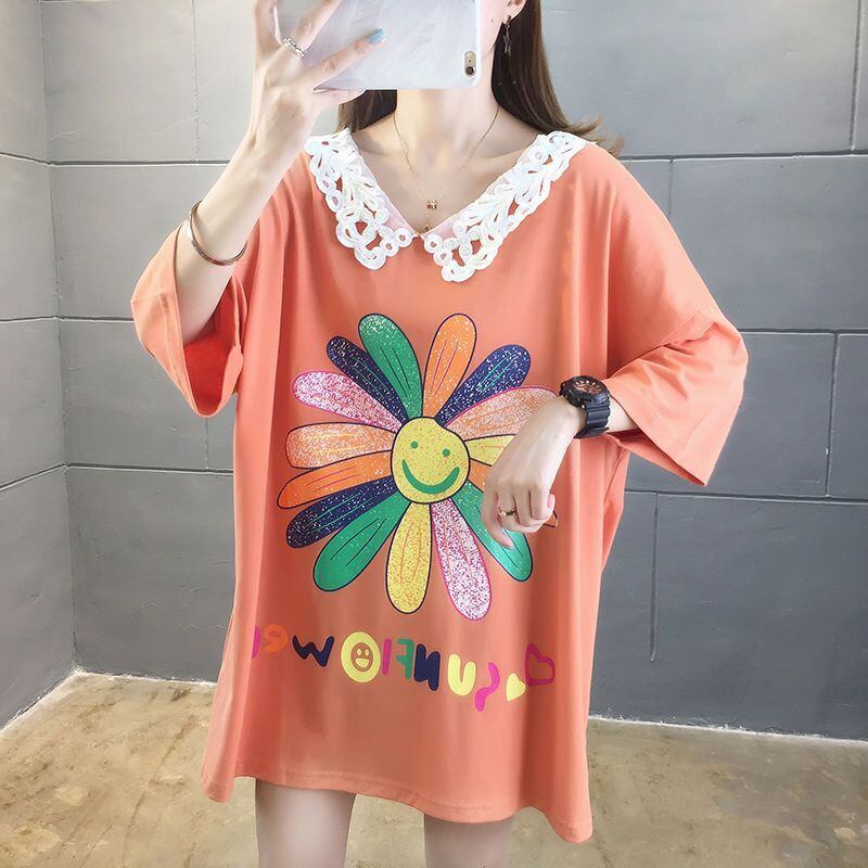 大人可愛い ロング丈 ゆったり 切り替え 三色半袖Tシャツ＜S-8129＞