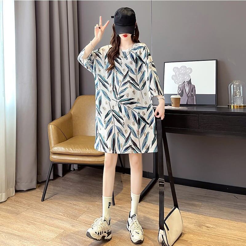 美人度アップ プリント オシャレ感たっぷり Tシャツ カットソー ワンピース＜S-3493＞