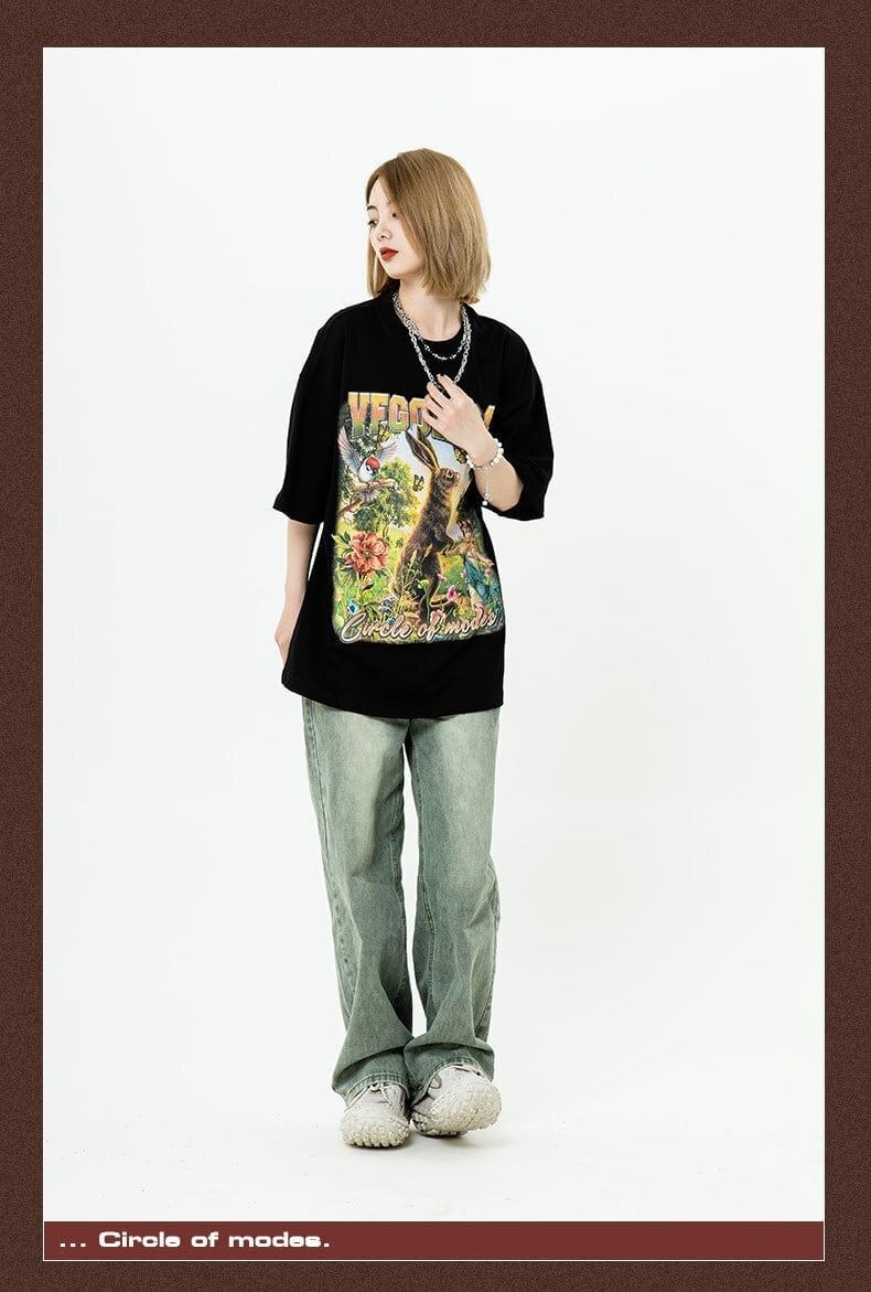 アメリカンレトロ絵画ウサギ半袖Tシャツカップル男女同スタイル<S-2910>