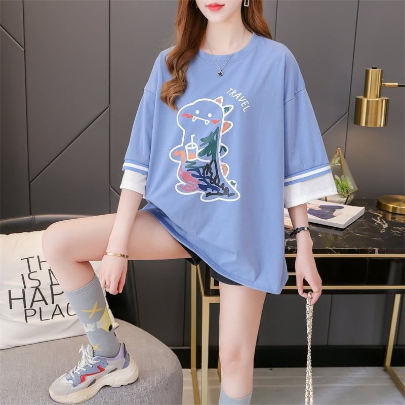 合わせやすい アルファベット ラウンドネック プリントTシャツ ゆったり ワンピース＜S-3992＞