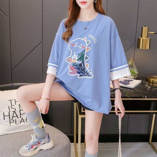 合わせやすい アルファベット ラウンドネック プリントTシャツ ゆったり ワンピース＜S-3992＞
