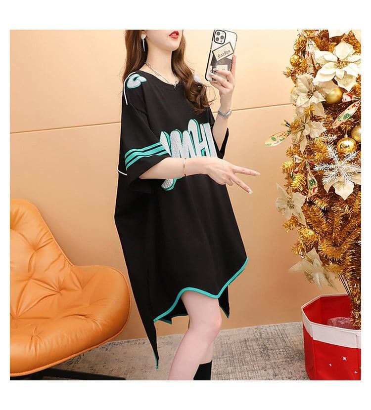 おしゃれ度アップ アルファベット フィッシュテール プリントTシャツ ゆったり半袖＜S-3012＞