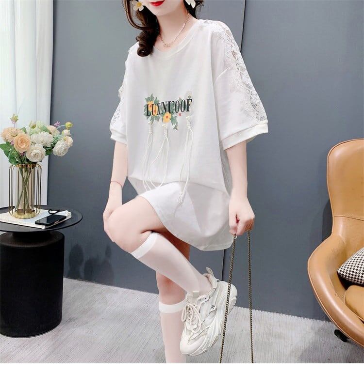 絶対欲しい レース スウィートプリント 切り替え 全2色 半袖Tシャツ ＜S-8656＞