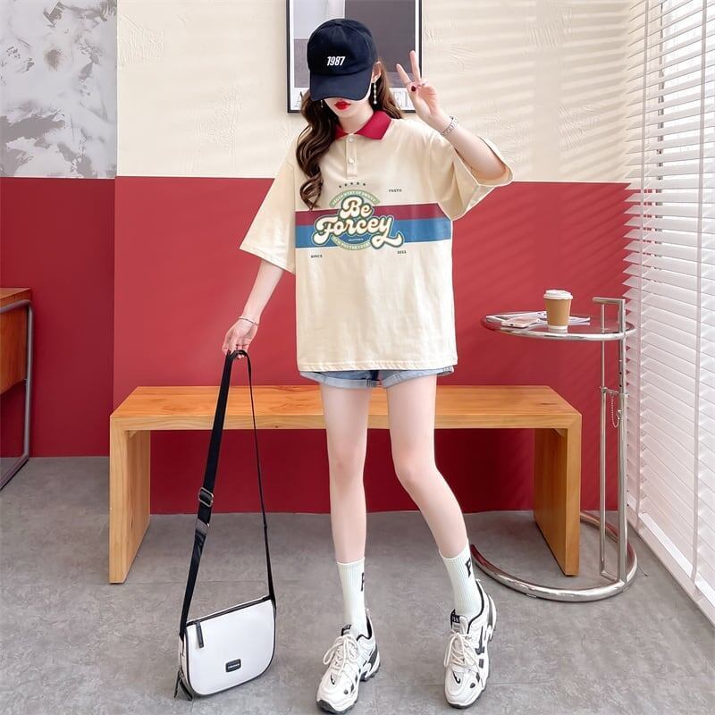 スタイルアップ グラフィック POLOネック ドロップショルダーTシャツ ゆったり半袖 ＜S-3048＞