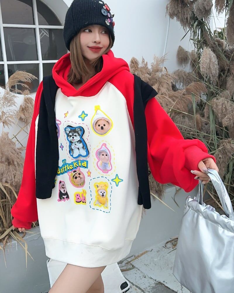 超人気商品猫柄犬柄ロゴ厚手ラグランパーカー全3色オーバーサイズトップス＜S-4473＞