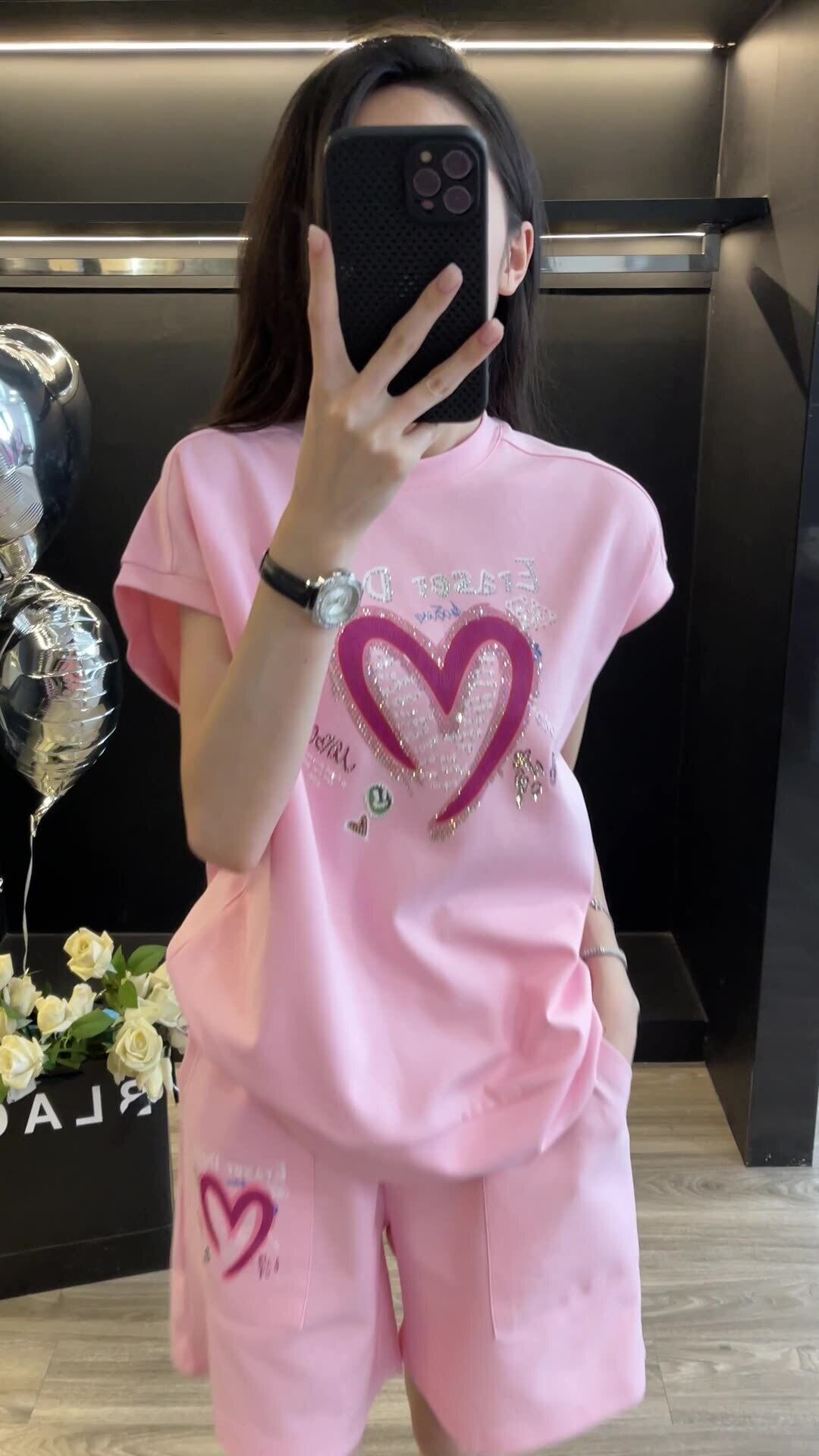 超人気 ホットダイヤモンド カジュアル プリント 半袖Tシャツ ショートパンツ セットアップ ＜S-9215＞