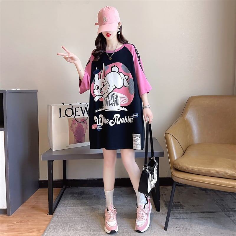 好感度UP グラフィック ストライプ柄 ラグランTシャツ ゆったり ワンピース＜S-3994＞