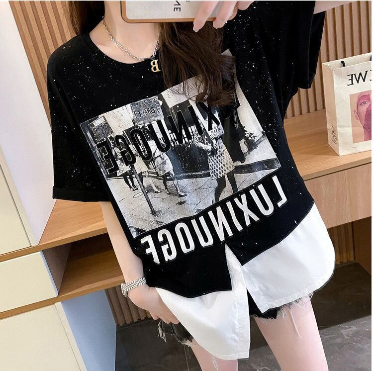 絶対流行 レイヤード風 レース プリント全2色 半袖Tシャツ<S-8821>
