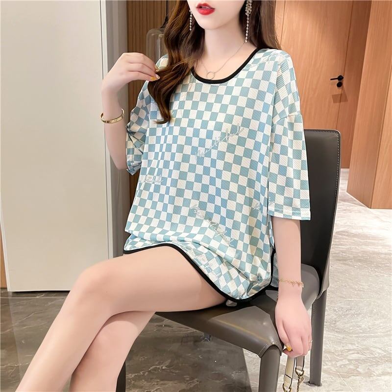 好感度満載 ラウンドネック 女性力を高める チェック柄 Tシャツ カットソー＜S-2985＞