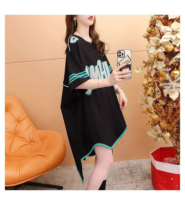 おしゃれ度アップ アルファベット フィッシュテール プリントTシャツ ゆったり半袖＜S-3012＞
