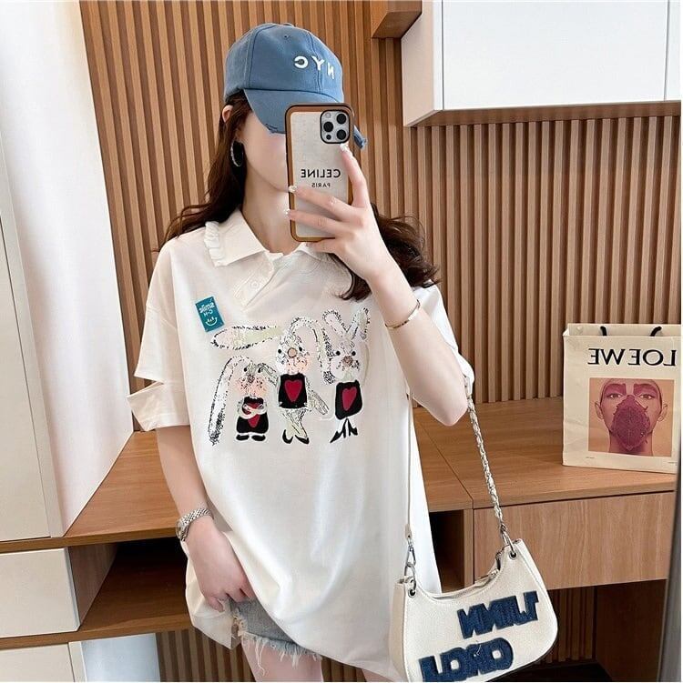 美人度アップ 折り襟 可愛いウサギちゃん プリントロング Tシャツ ゆったり半袖 ＜S-2956＞