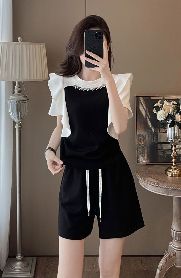 新商品 ホットダイヤモンド 絶対欲しい 切り替え 半袖 Tシャツ ショートパンツ セットアップ<S-8864>