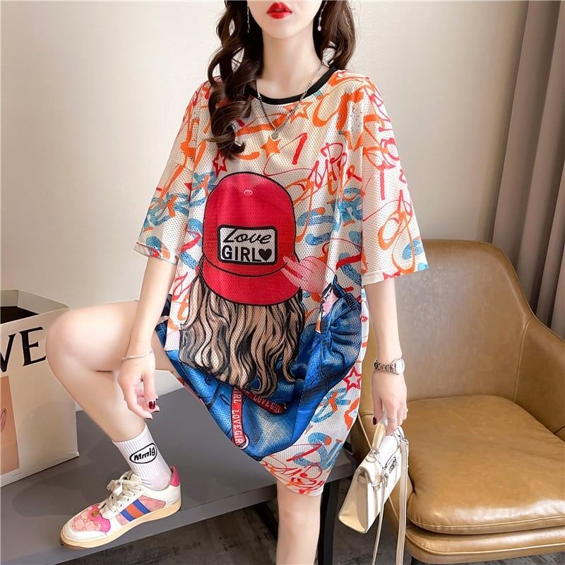 おしゃれ度アップ ロング 落書きストレート系 Tシャツ ゆったり ワンピース＜S-2995＞