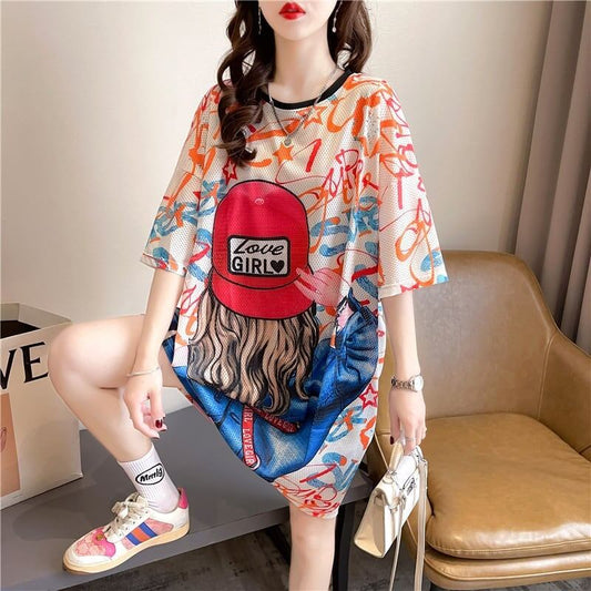 おしゃれ度アップ ロング 落書きストレート系 Tシャツ ゆったり ワンピース＜S-2995＞