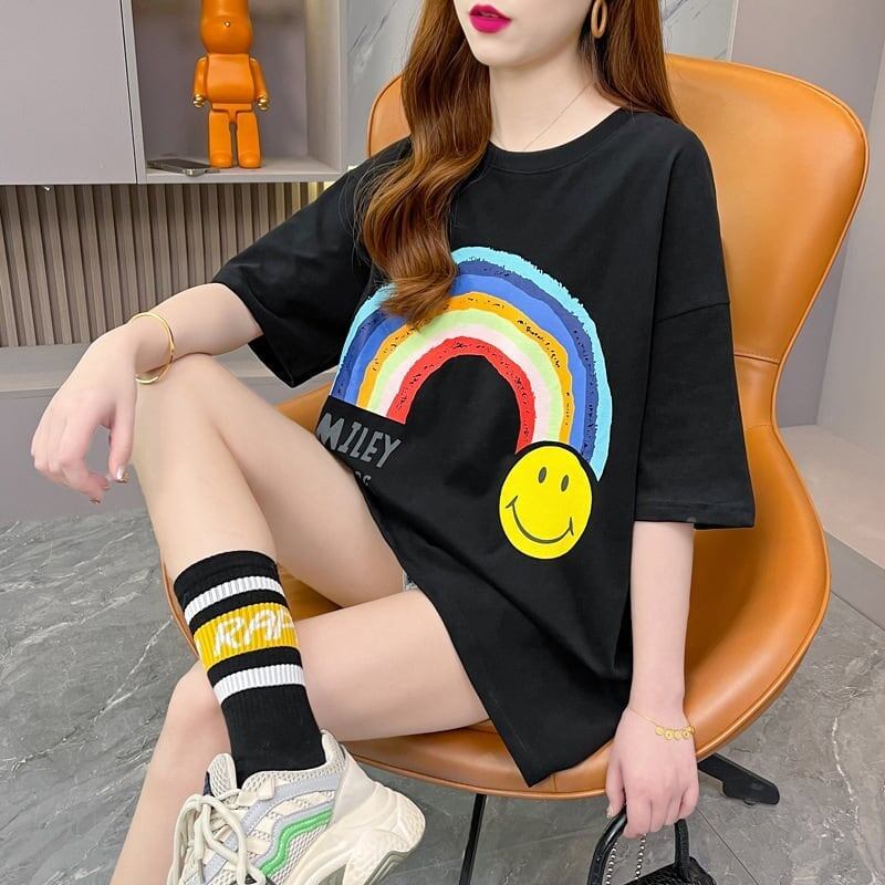 レインボースマイリーファッションオールマッチルーズ半袖Tシャツ<S-2860>