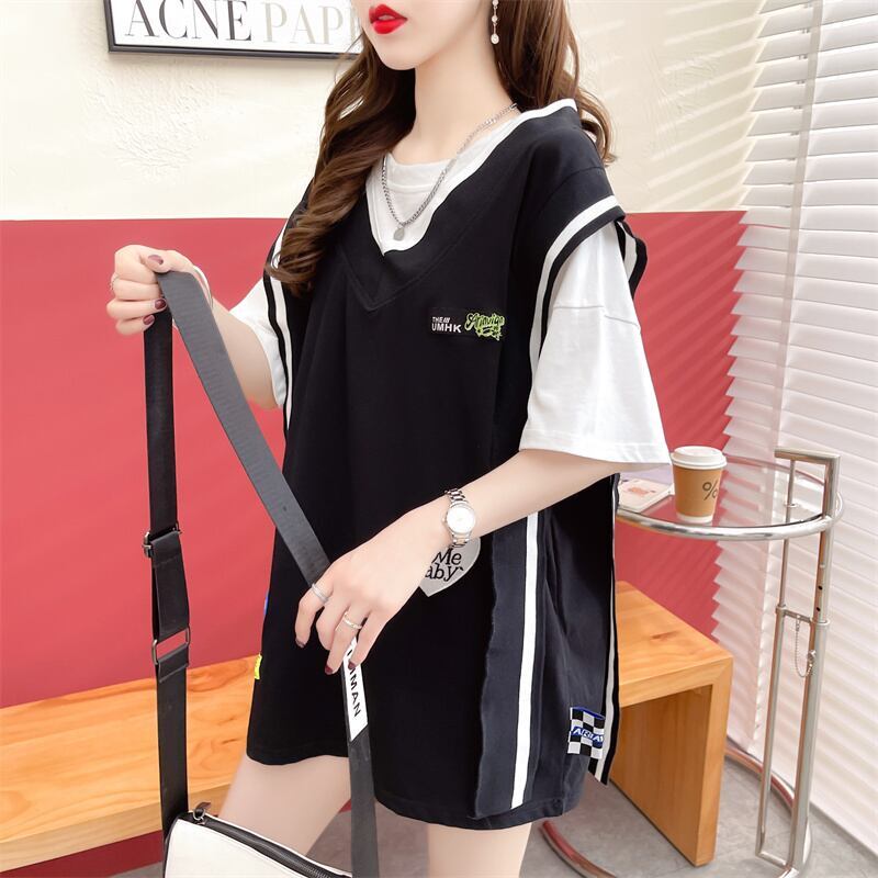 おすすめ アバンギャル 大活躍 ドレイヤード風 切り替え 全2色 半袖Tシャツ<S-8752>